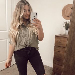 Olive green button up top